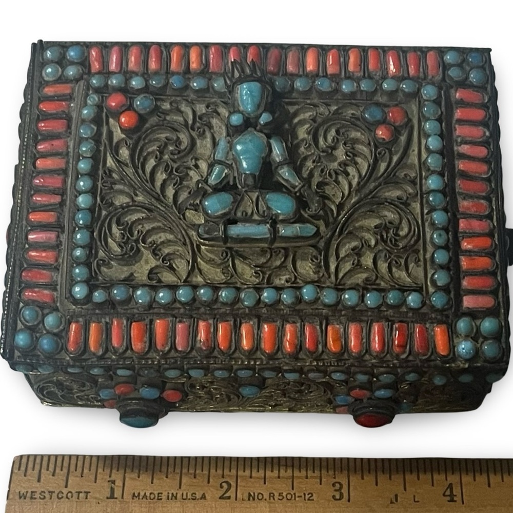 Vintage Tibetan Brass Turquoise Coral Inlay Hinged Prayer Box - Picture 6 of 6